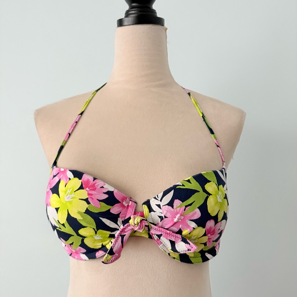 🌺 Hollister Floral Bikini Top Medium Y2K Push Up Halter Swim